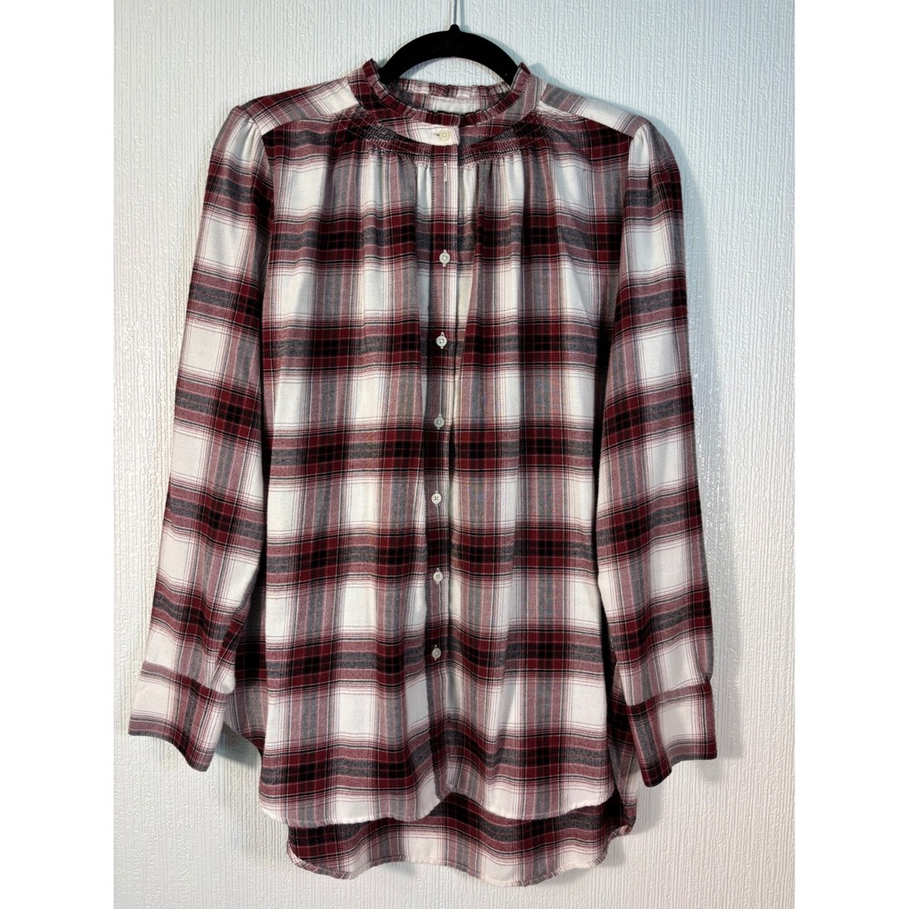 LOFT Plaid Ruffle Neck Blouse Burgundy Black White Size M